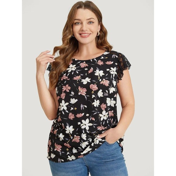 Bloomchic 22-24 Floral Patchwork Lace Blouse Black Flutter Cap Sleeve NWT - Picture 1 of 13
